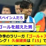 【朗報】今季のラリーガ「ゴール＋アシスト」ランキング！ 久保建英は「15」で〇位！