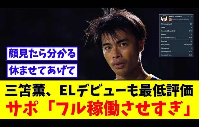 三笘薫ELデビューも最低評価、サポ「フル稼働しすぎ・・」