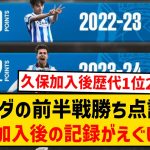 【凄すぎ】レアル・ソシエダ前半戦歴代勝ち点記録、久保建英加入後に歴代1位2位となった模様wwwwwwwww