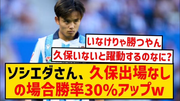 【悲報】レアル・ソシエダさん、久保建英が出場しないと勝率が30%アップしてしまうwwwwwwww