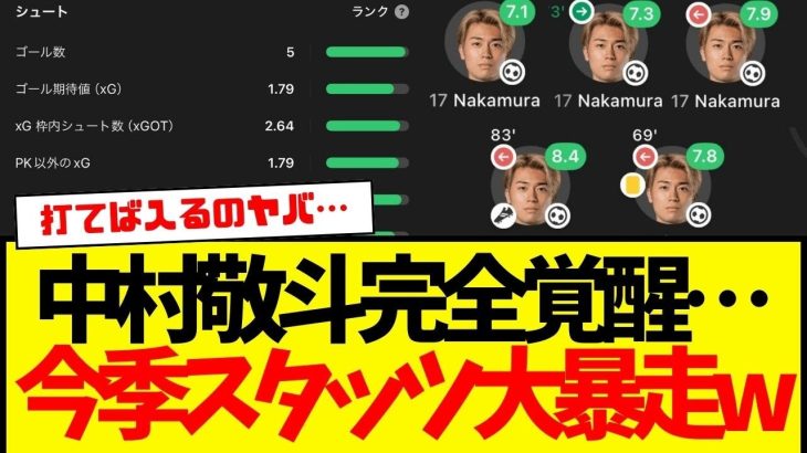 中村敬斗の今季スタッツが完全にぶっ壊れ始める…5戦連発弾もエグすぎるけど…このスタッツはもはや超常現象wwwww