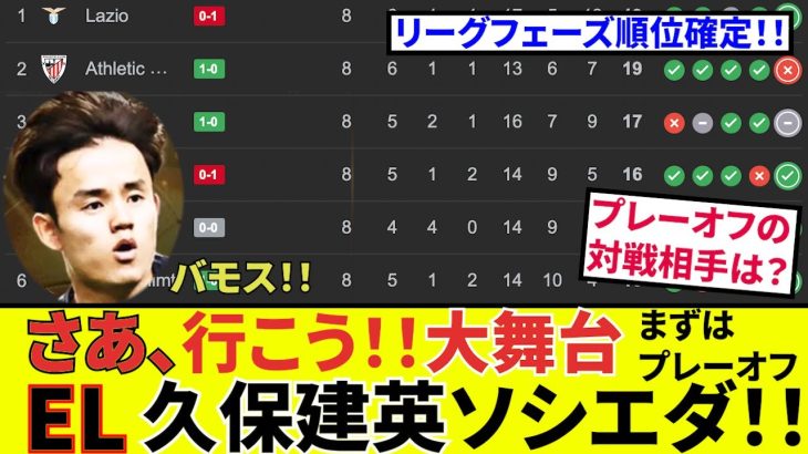 【速報 サッカーチャン!!】久保建英ソシエダ！！ELプレーオフ進出決定！！対戦相手は？？？また決勝トーナメントの対戦相手はあの強豪！！（楽しみすぐる！！）